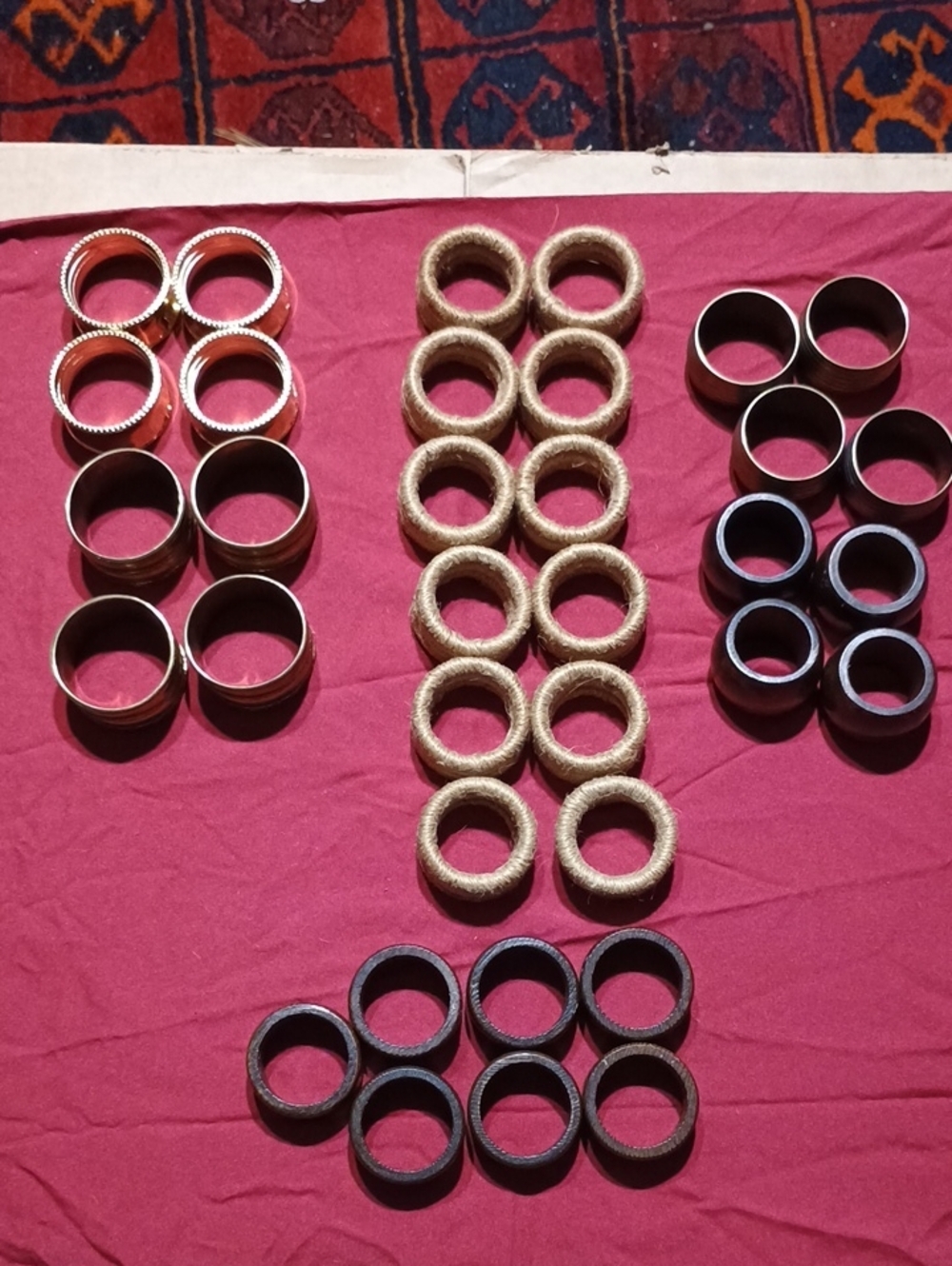 Bundle of Napkin Rings Holders 6 styles 35 total Brass, Metal, Woven